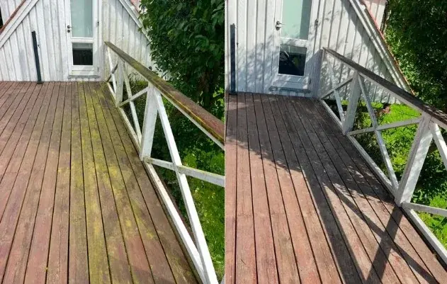 Træterrasse med hvidt rækværk før og efter behandling.