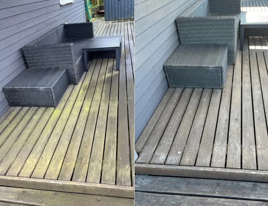 Træterrasse før og efter behandling.