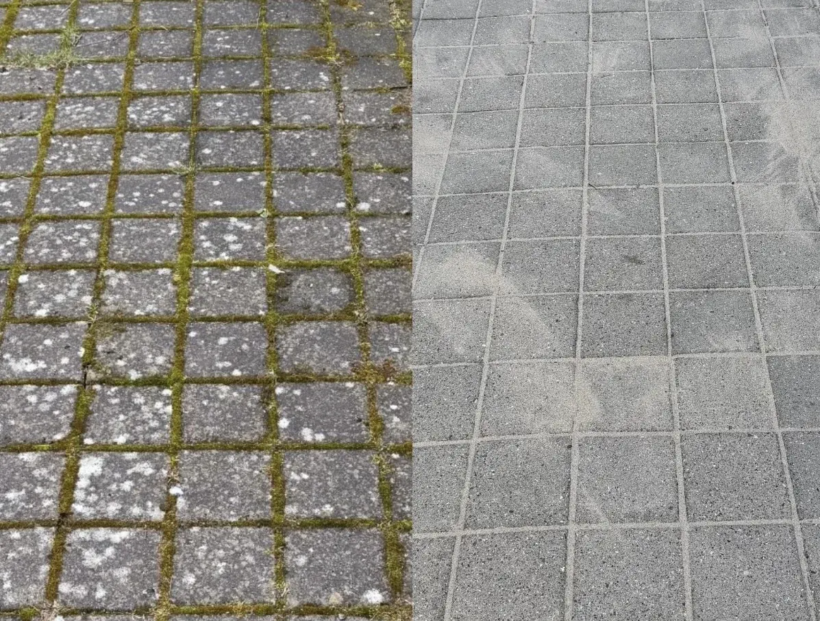 Flisebelægning før og efter rensning