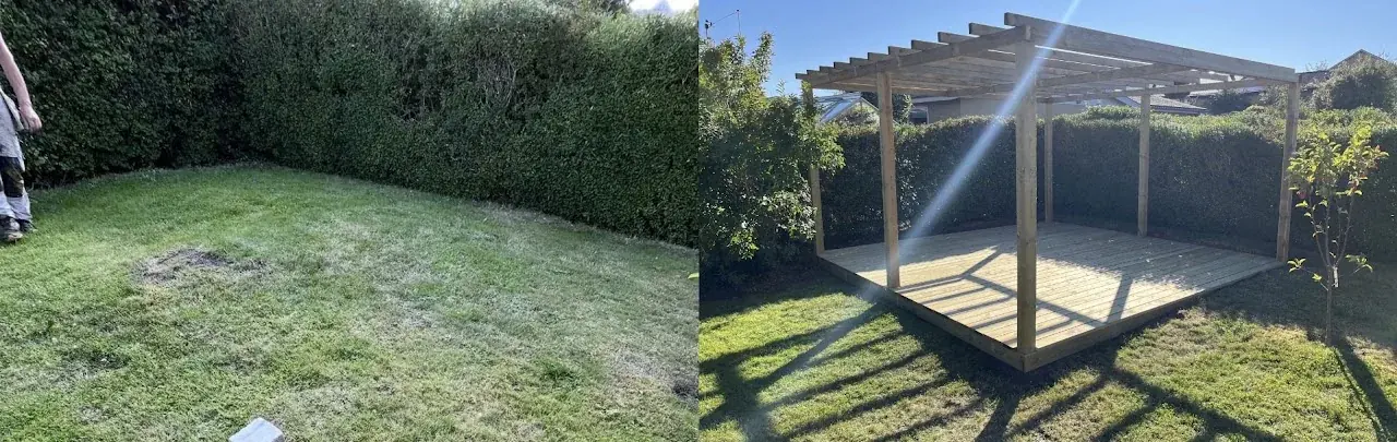 Havearealet før og efter opførelsen af terrassen.